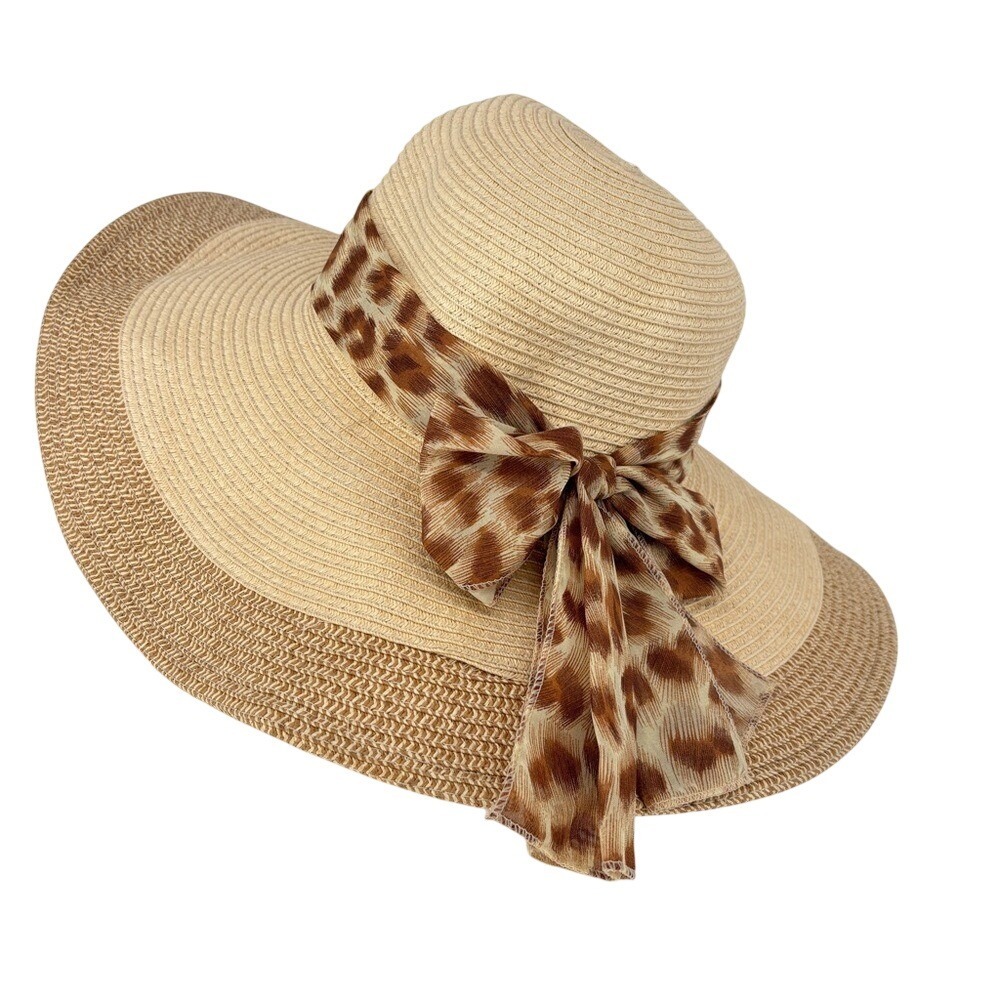 Cyd Sun Hat Womens OS Beige Leopard Print Bow Wide Brim Straw Floppy Summer Hat